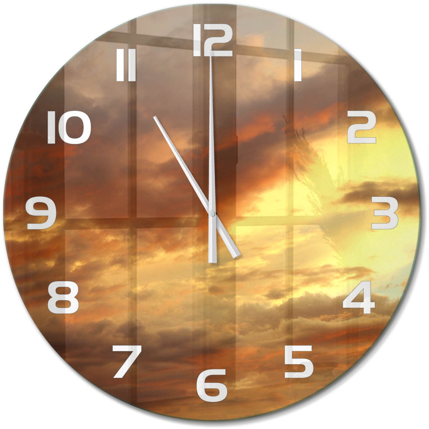 TULUP Wandklok - Zonsopgang Wandklok Glas Met Motief - fi60 cm - Geel Decoratieve Glazen Klok - Witte handen - Ronde Klok - Gekleurde Glazen Klok - Glazen Klok Met Print