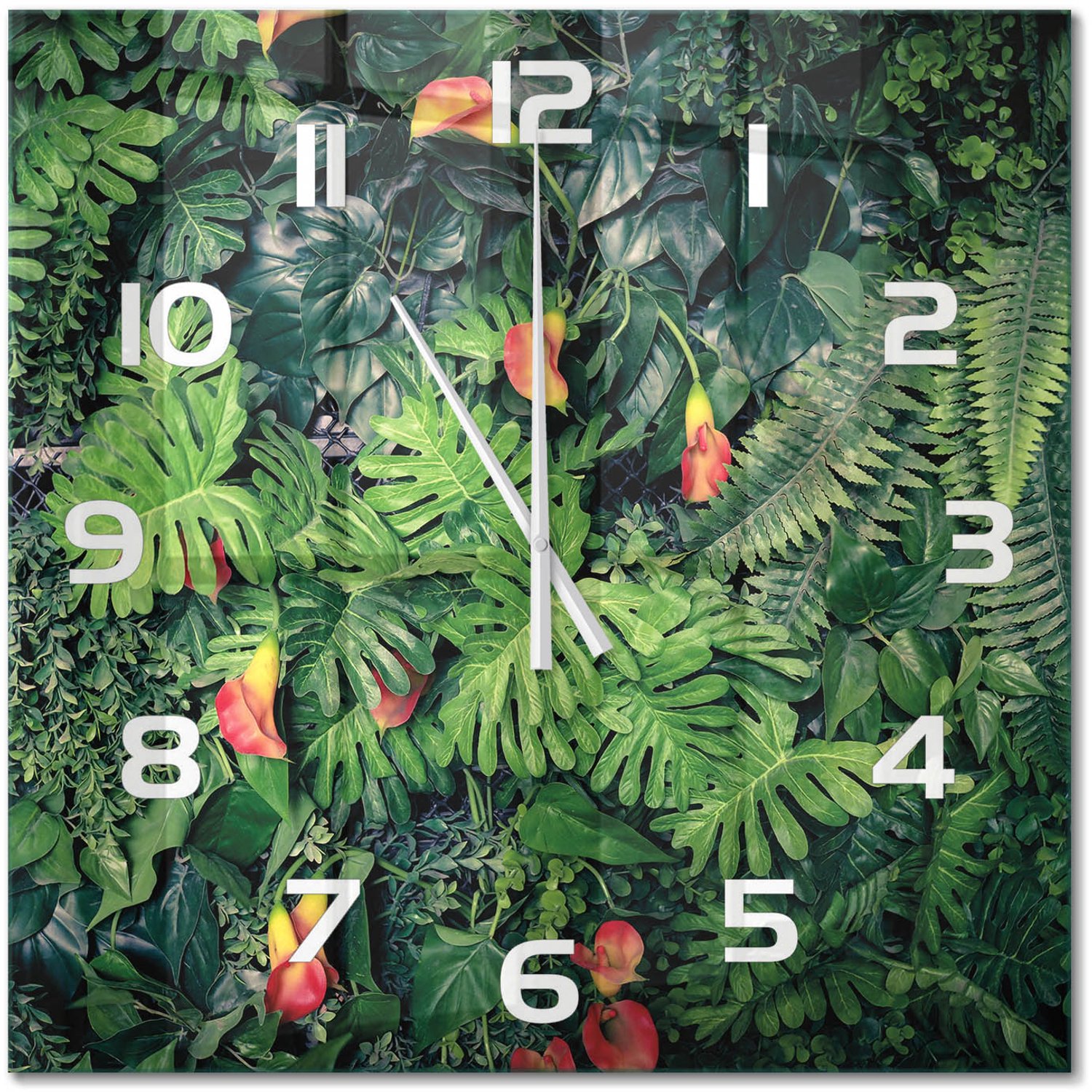TULUP Wandklok - Exotische jungle Glazen Klok Met Print - 60x60 cm - Groente Wandklok Glas Met Motief - Witte handen - Vierkante Klok - Wandklok Glas Decoratie - Gekleurde Glazen Klok