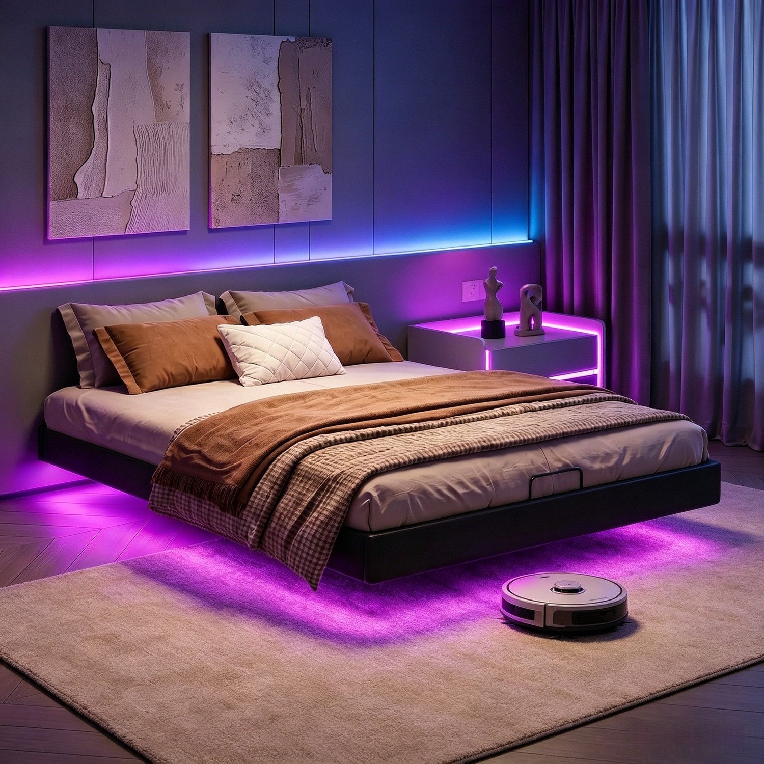 Mofor Tweepersoonsbed Gestoffeerd bed 160x200 cm - Hydraulische bedboxfunctie - Zwevend ontwerp - LED-verlichting - Zwart