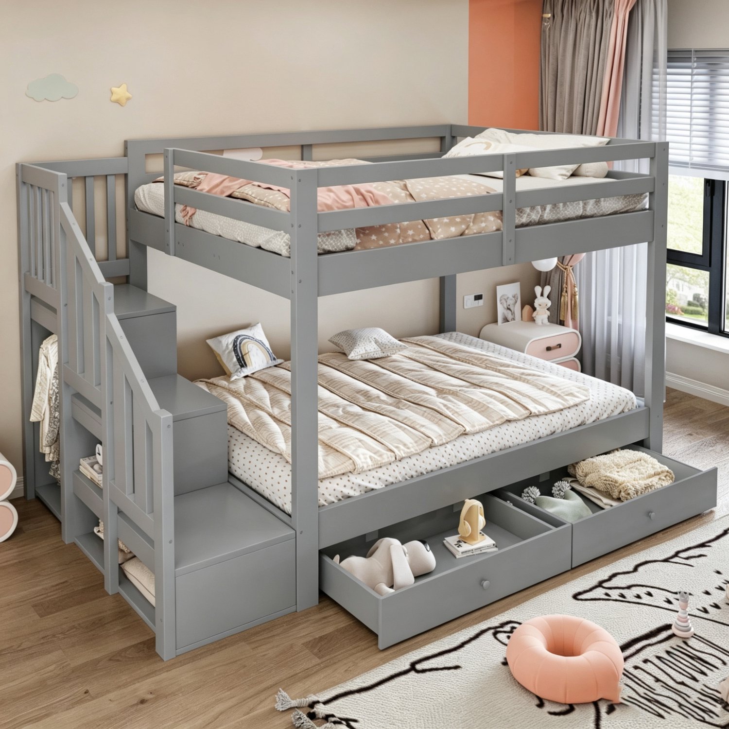 Sweiko Stapelbed - 140 x 200 cm - Houten kinderbed - Met opbergruimte - 2 lades - Grijs