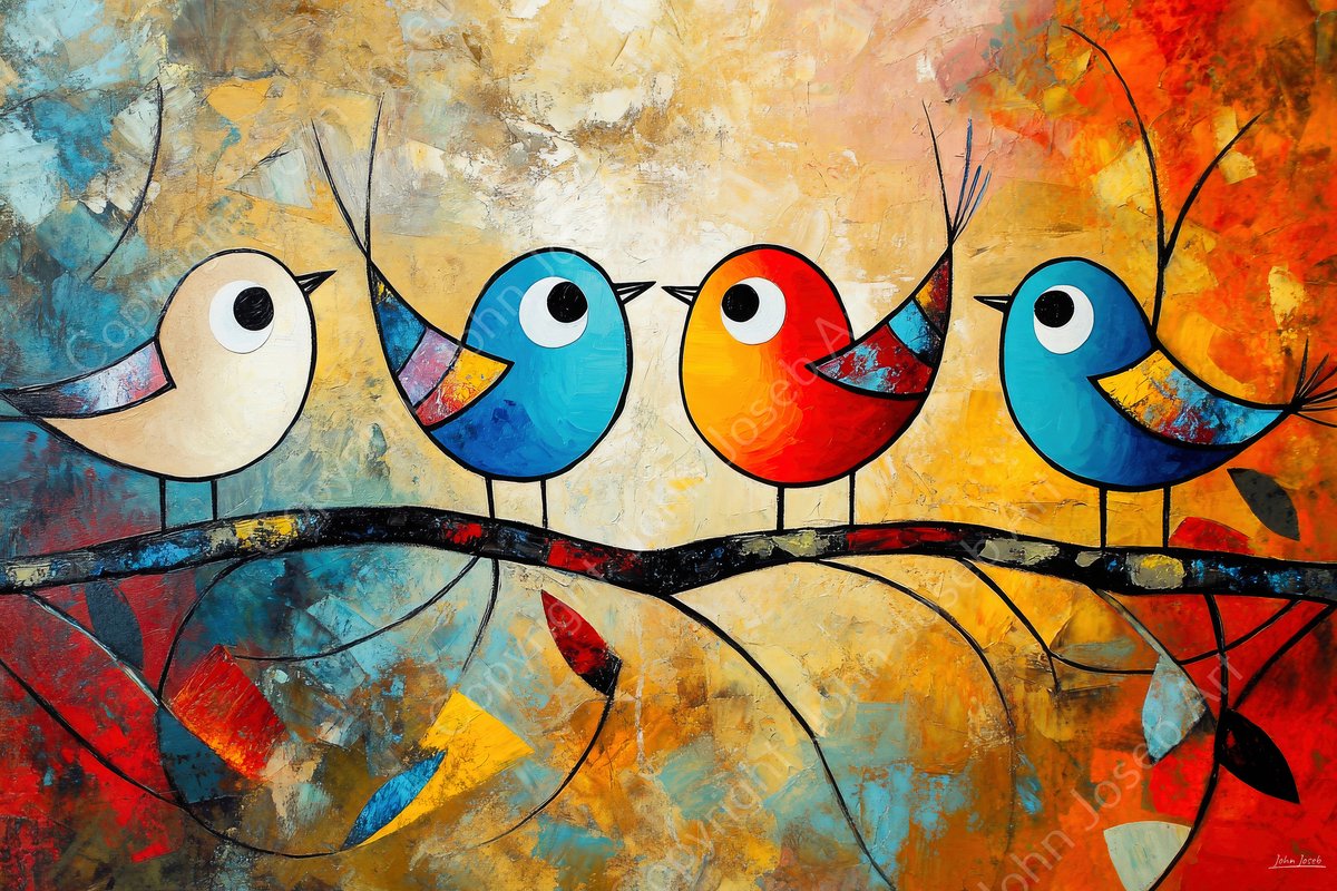 John Joseb Art (Aluminium) 120x80 | Vogels op een tak, abstract, kleurrijk, kunst | bruin, blauw, rood, dier, modern | foto-schilderij op dibond, metaal wanddecoratie