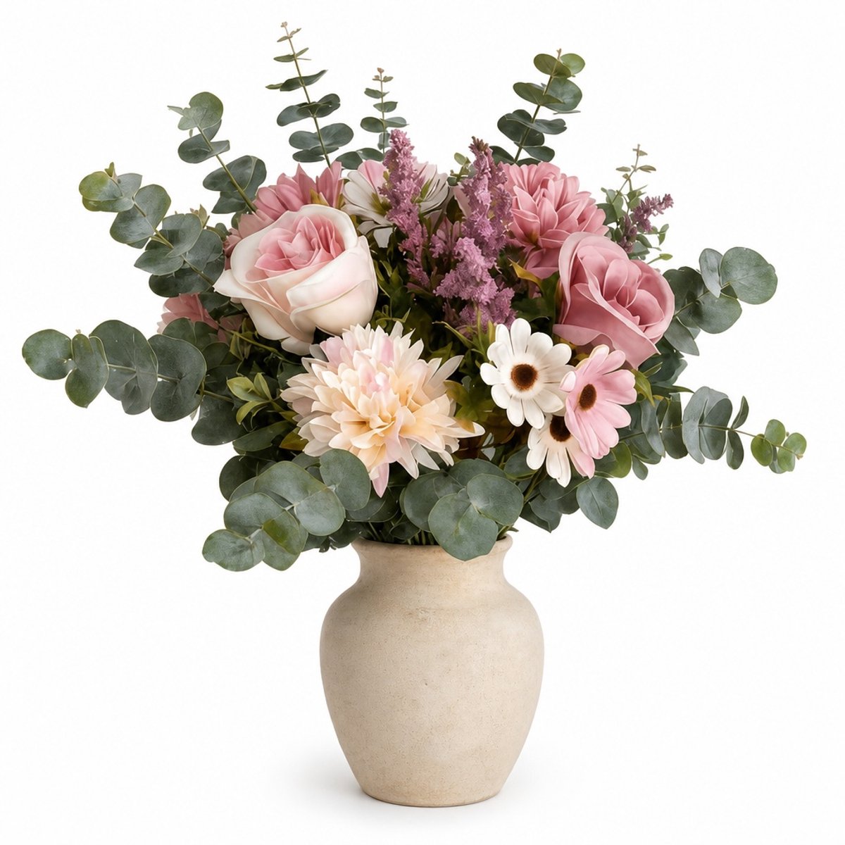 IXEN Kunstbloemenboeket 26-delig met Roze Rozen, Witte Bloemen en Eucalyptusbladeren