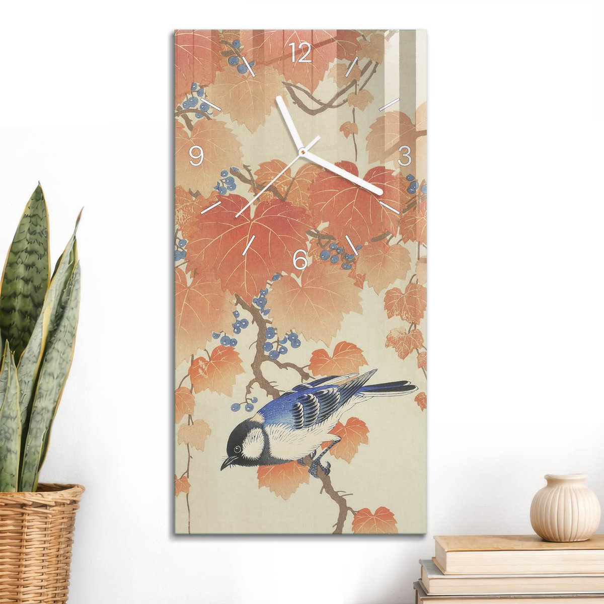 ArtPrintCave Romig Glazen Klok - 30x60 cm - Rechthoekige Wandklok - Vogel En Bladeren Wandklok Keuken - Dieren Unieke Klok - Witte Klokwijzers
