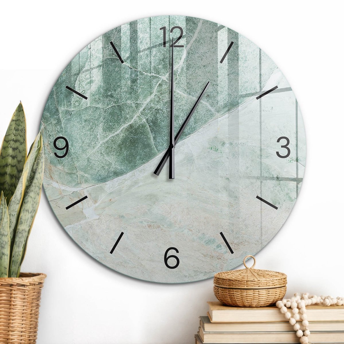 ArtPrintCave Groene Glazen Klok - Wandklok 60 cm - Muurklok Rond - Groen Marmer Unieke Klok - Achtergronden En Patronen Stille Wandklok - Zwarte Klokwijzers
