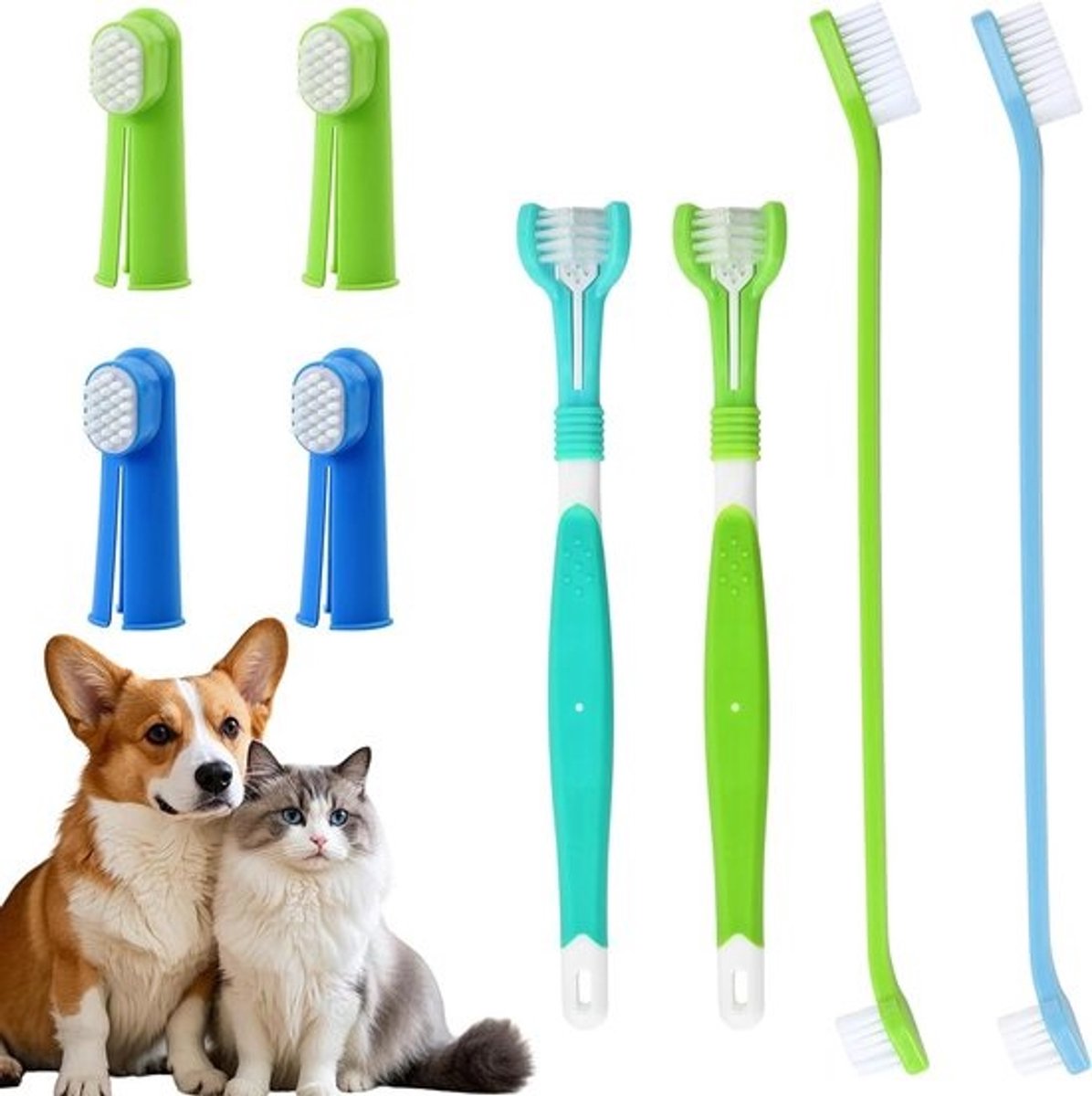 Complete tandenborstelset voor honden en katten met 2 drievoudige, 4 vinger- en 2 dubbele tandenborstels, ideaal voor mondverzorging en gebitsreiniging