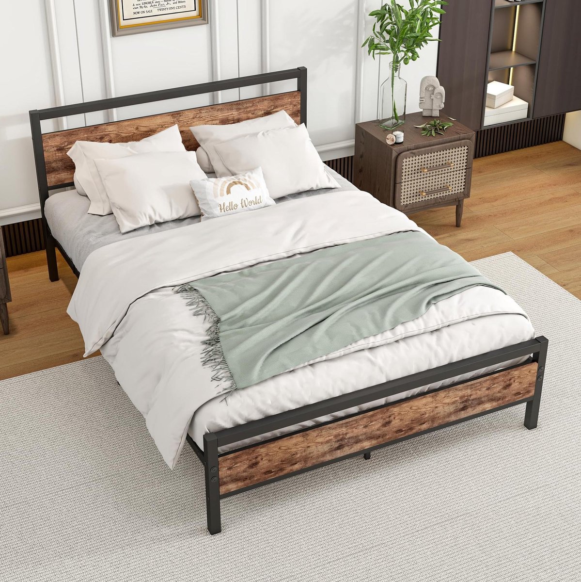 MODENUIT Bedframe – 140 x 200 cm – Met Lattenbodem en Opbergruimte – Metaal en MDF – Antiekbruin – Industrieel Zwart
