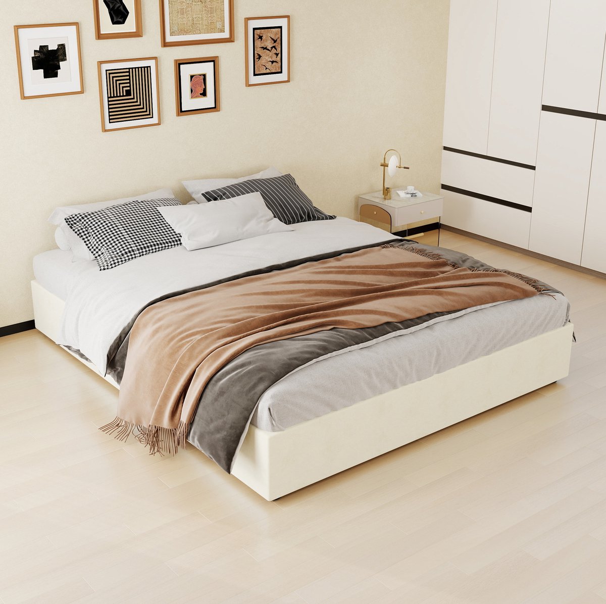 MODFU Bedframe - Lattenbodem - Modern - Beige - Stof En Metaal - 160 X 200 Cm