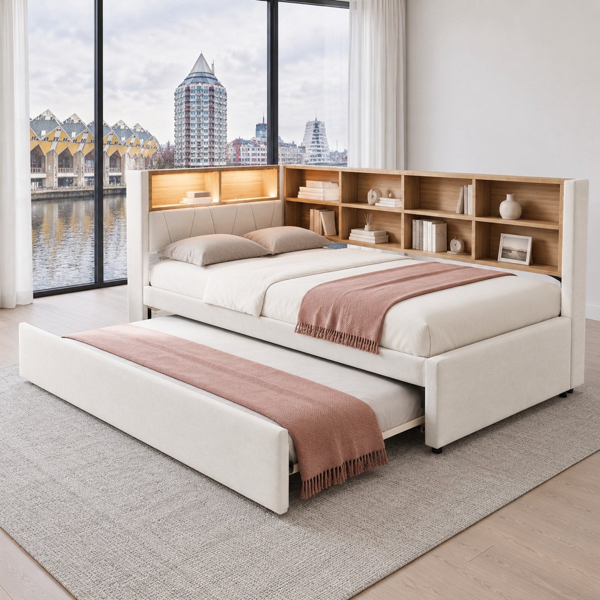 WUVRIE Slaapbank 90x200 cm met uitschuifbed 90x190 cm, LED-verlichting, opbergruimte en beige stof