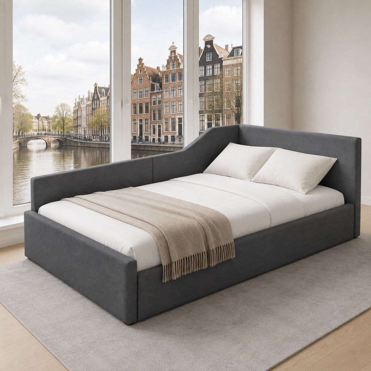WUVRIE Gestoffeerd dagbed 140x200 cm met opbergruimte en lattenbodem, grijs