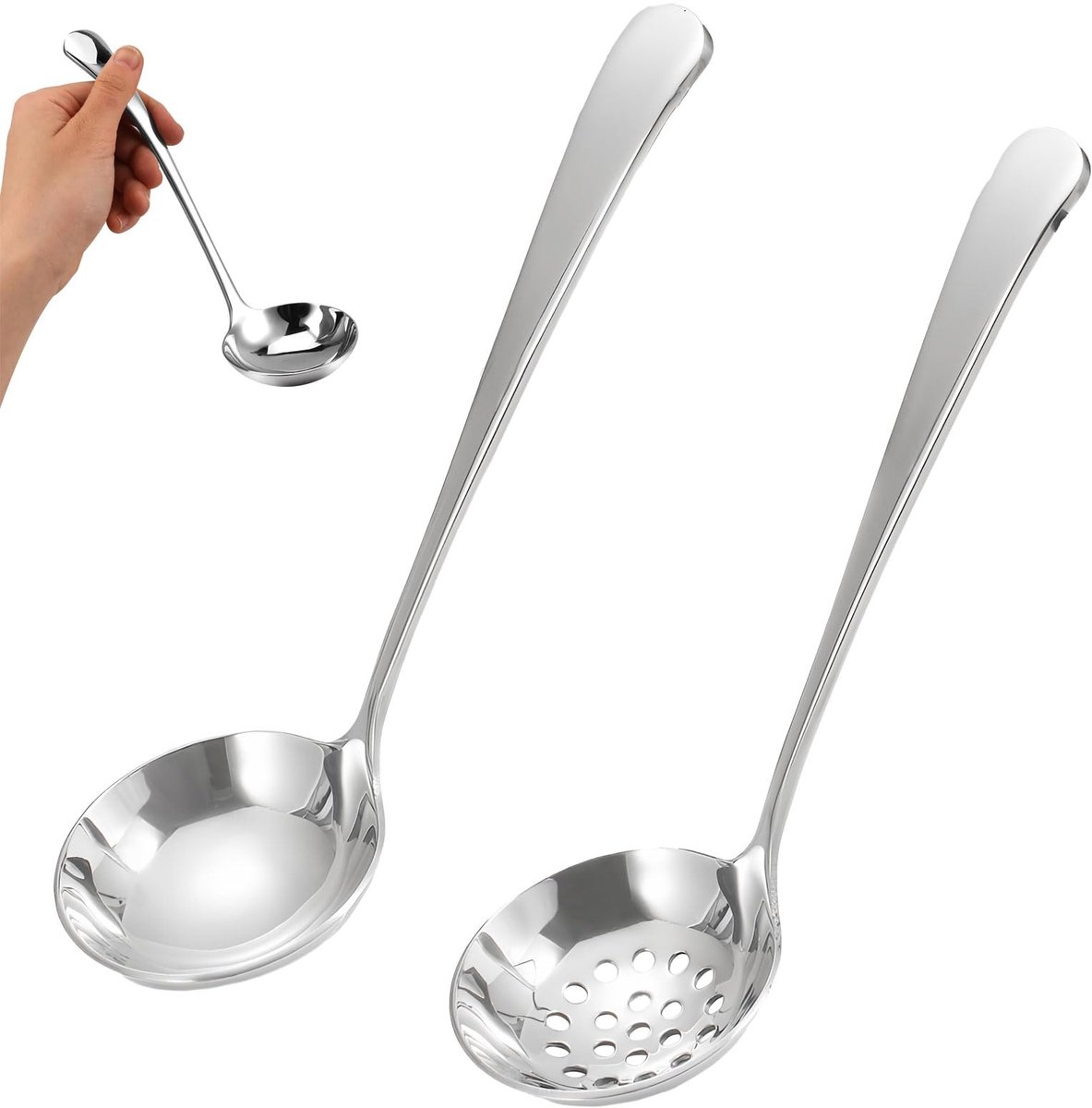 Set van 2 roestvrijstalen soeplepel en schuimspaan - 6 cm, vaatwasmachinebestendig, voor het serveren van soepen en stoofschotels