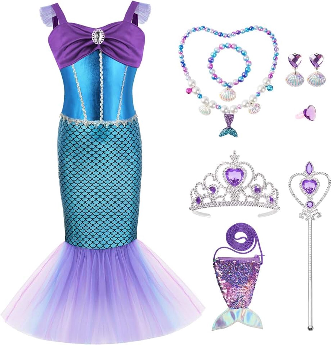 Zeemeerminkostuum, set met blauwe zeemeerminkleding voor meisjes, prinsessenkostuums met kroon, toverstaf, vissenstaarttas, verkleedoutfit voor meisjes tijdens Halloween, cosplay, met lovertjes
