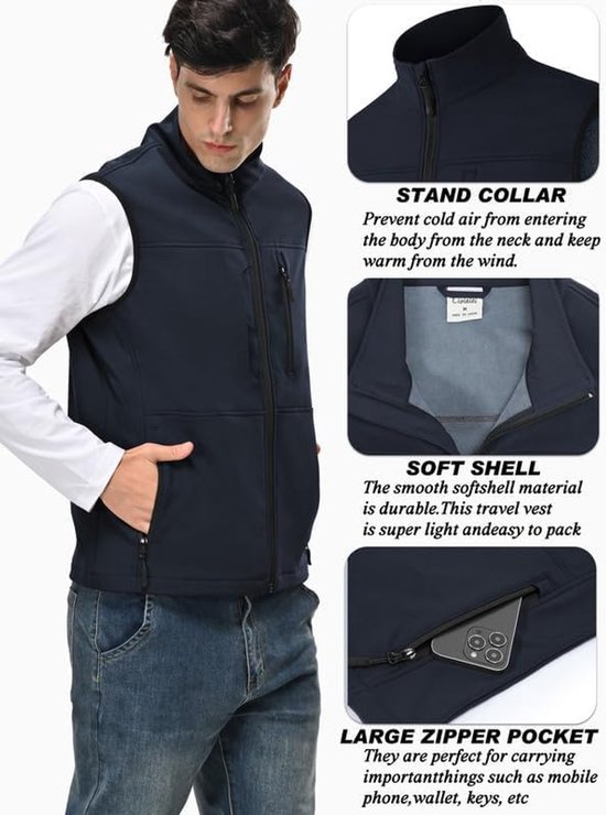 Softshell vest voor heren, bodywarmer fleece, volledige rits, softshellvest, heren, outdoor, hardlopen, wandelen, golf, werk — afbeelding 5