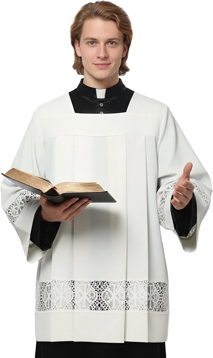 Premium Geestelijken Vestment Set Elegant Wit Surplice met Geplooide Kant Details