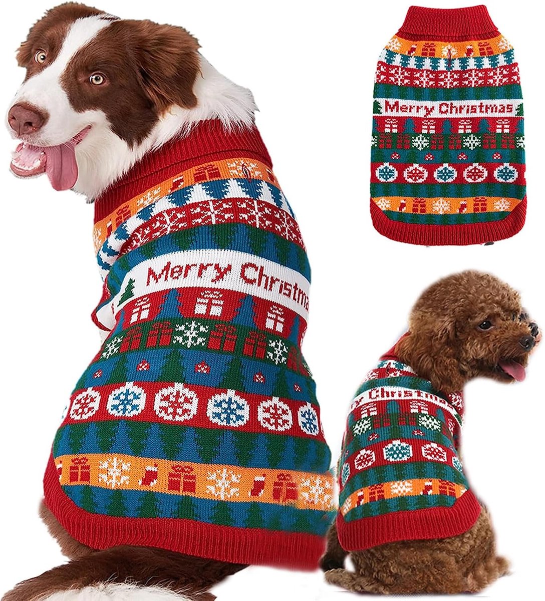 Kersttrui, kerstjas voor honden en katten, zachte gebreide trui voor winterse hondenjas, sneeuwvlok kerstoutfit kleding voor kleine, middelgrote en grote honden - rood, S
