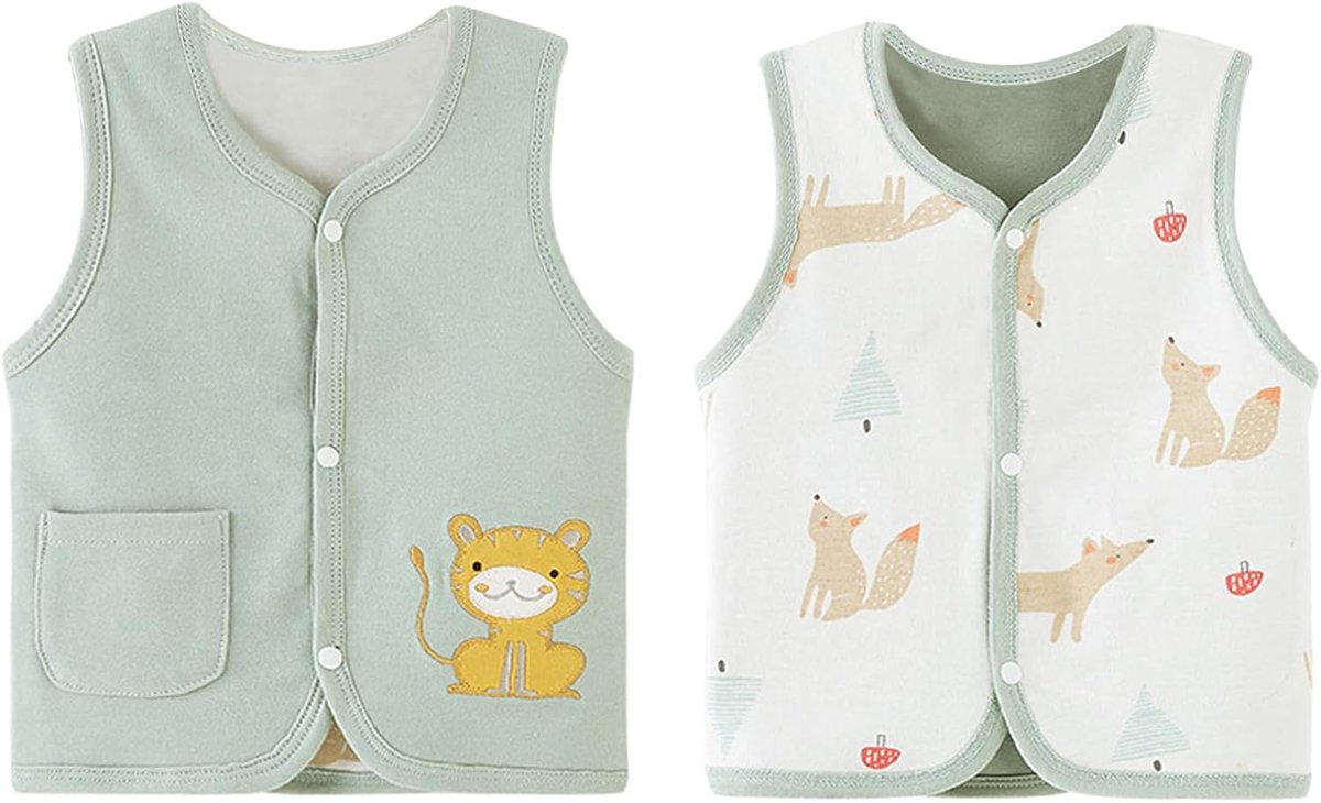 Vest voor baby's, peuters, kinderen, dubbelzijdig mouwloos jack, kindervest met drukknop, lente, herfst, met cartoonpatroon