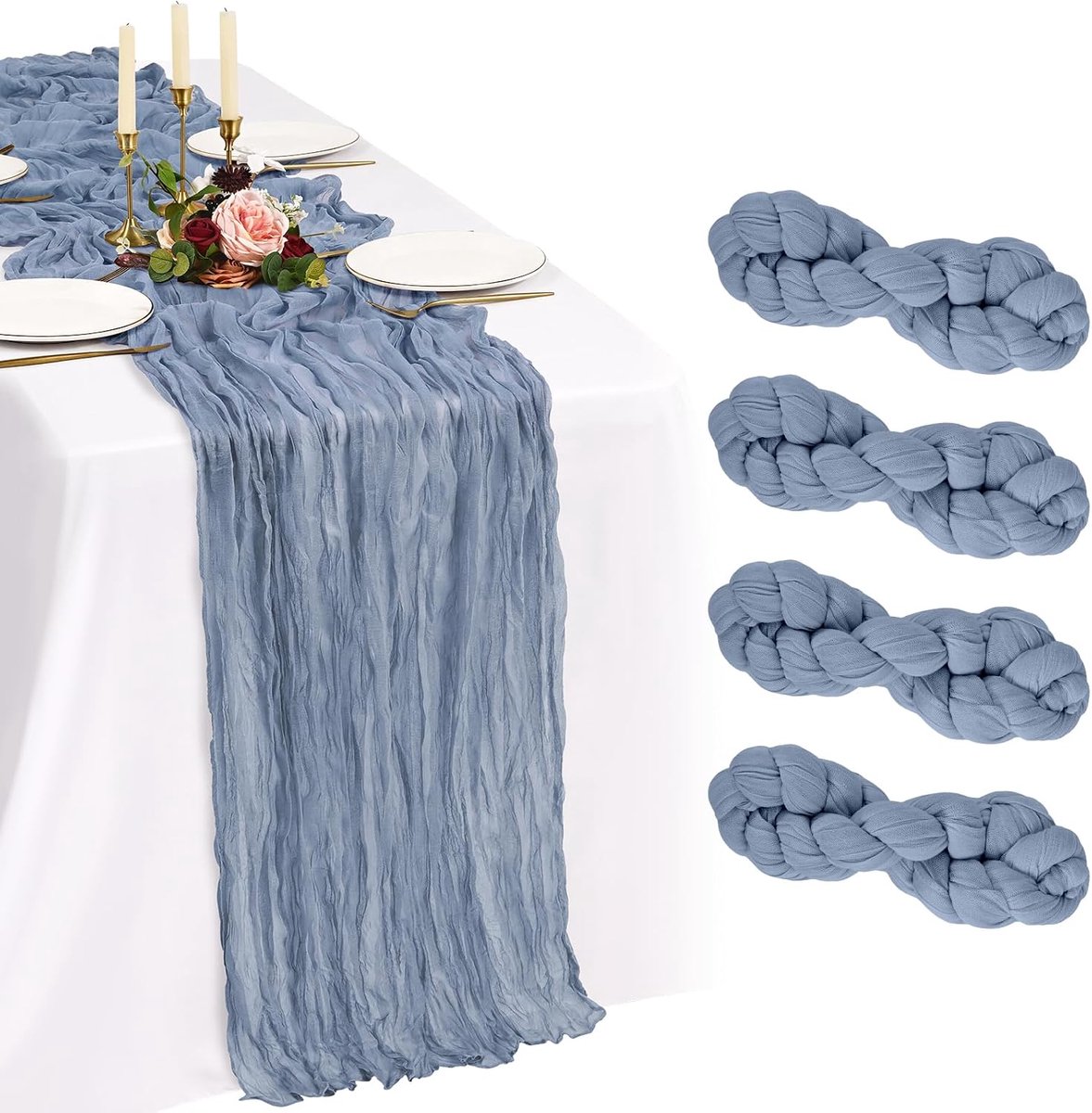 Showgeous 4 pack stoffig blauw kaasdoek tafelloper 10FT Boho gaas kaasdoek tafellopers 35 x 120 inch romantische rustieke transparante tafeldecoratie voor bruiloftsfeest verjaardag vakantie thuis