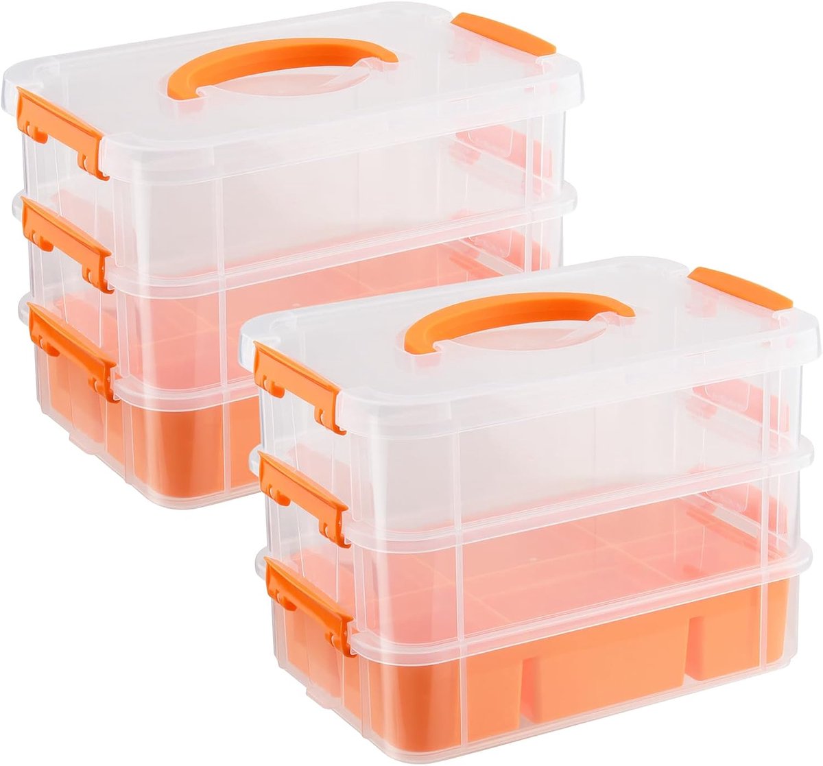 Set van 2 3 verdiepingen opbergdoos, 26,7 x 17,5 x 19 cm, transparant, oranje, PP-kunststof met deksel en handvat, organizer, knutselmateriaal, naaigaren, opslag voor knutselkoffer