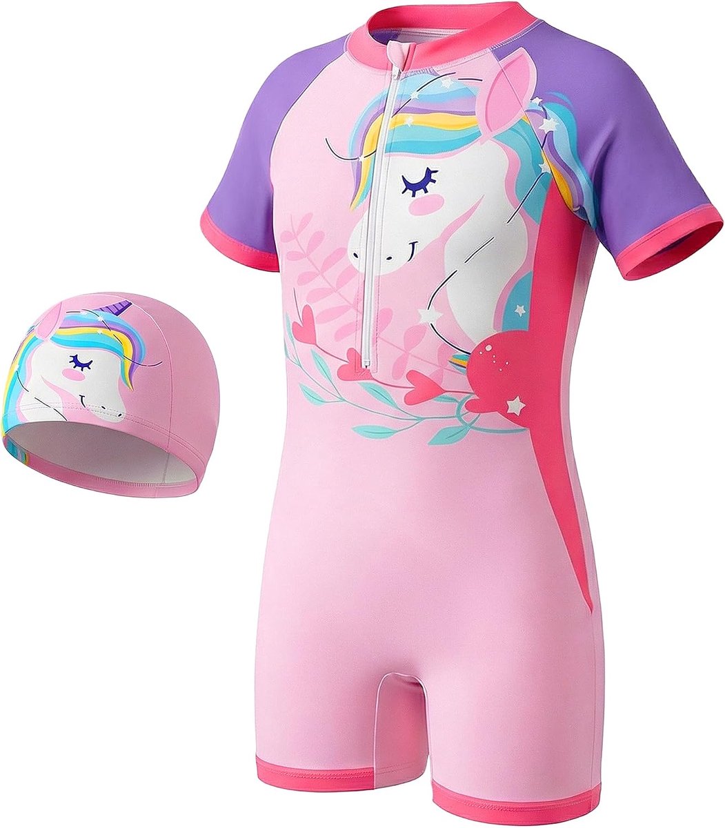 Zwempak voor Jongens en Meisjes Eendelig Badpak Kinderzwempak met Badmuts Korte Mouw Zwemkleding Sneldrogend Strand Badmode voor Kinderen 4-10 Jaar