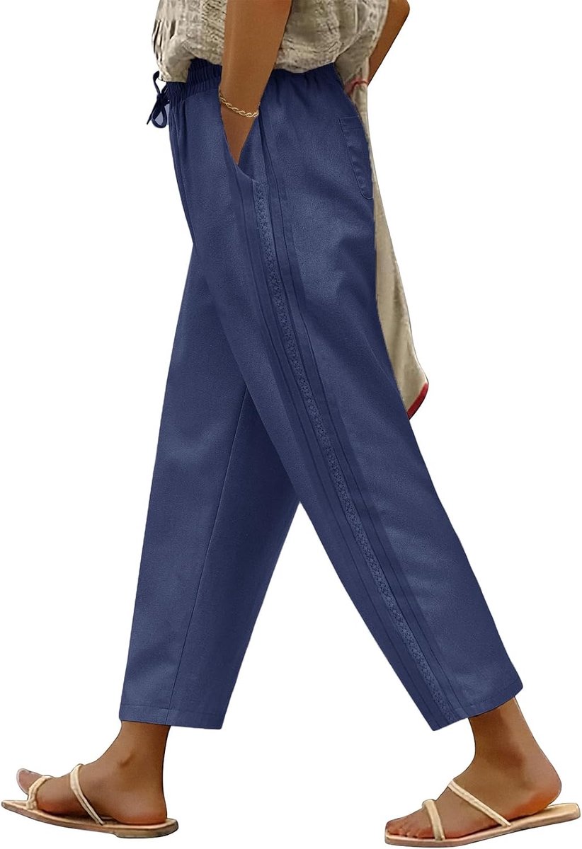 Zomerbroek voor dames, lichte en luchtige damesbroek, zomer, 7/8-broek, elastische tailleband, stoffen broek, losse katoenen broek, brede vrijetijdsbroek met trekkoord en zakken