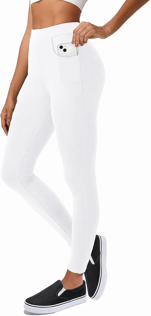 Dameslegging van katoen met zakken, ondoorzichtige lange legging voor dames, stretch, comfortabel, wit, 3XL