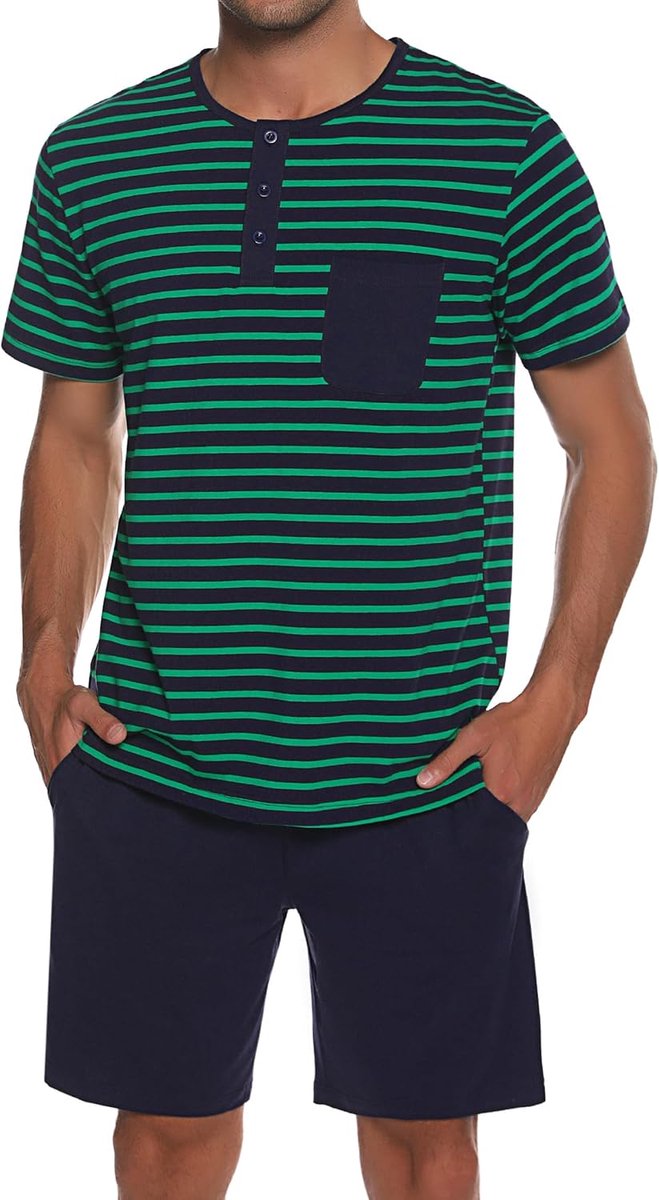 pyjama voor heren, van katoen met contrasterende strepen, zomerpyjamaset, bovendeel en korte broek, vader en partner, groen, L