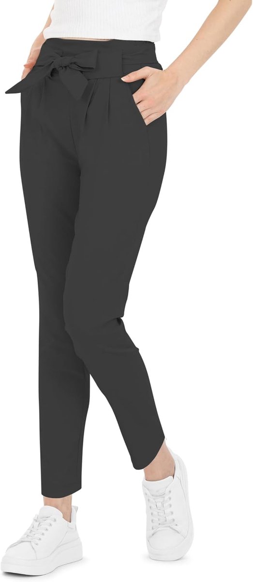 Damesbroek met elastische tailleband, elegant met strik, hoge taille, stoffen broek voor dames, elegante zakelijke broek voor dames