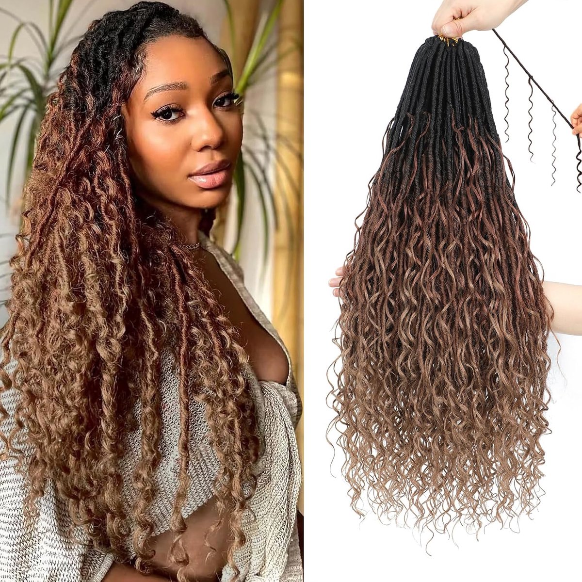 Faux Locs Gehaakt Haar 8 Packs Godin Zachte Vlechten met Krullende Uiteinden Voorgewonden Boheemse Riviervlechten Gehaakte Haarextensies voor Zwarte Vrouwen (1B/30/27#, 61 cm (Pakket