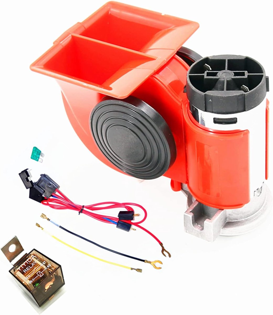 Auto luchthoorn 135DB twin dual tone trompet super luid slak elektrische pomp sirene, chroom zink aluminium auto hoorn met compressor voor elke 12V auto vrachtwagen SUV boot motorfiets (rood)