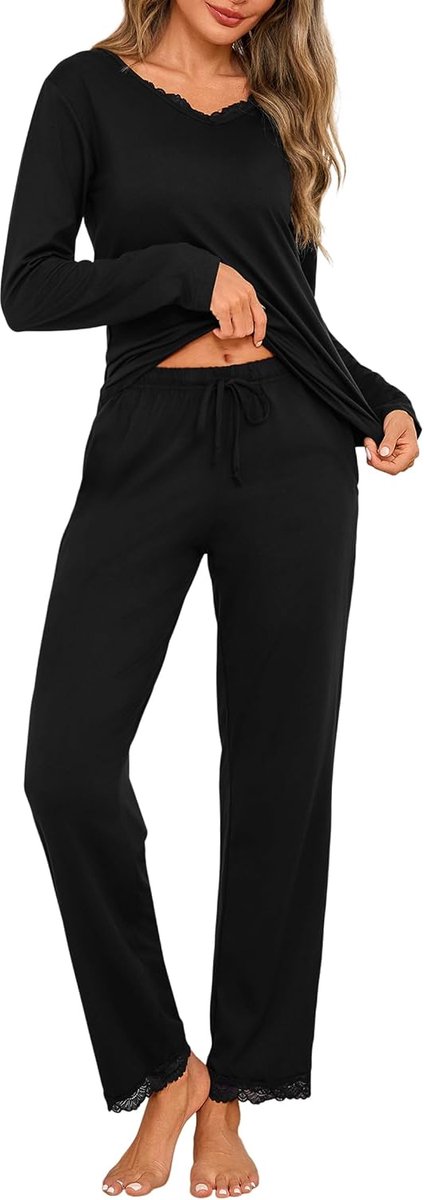 Pyjama voor dames, lange mouwen, pyjamaset voor dames, katoen, winter, V-hals en lange broek van kant met zak, tweedelig