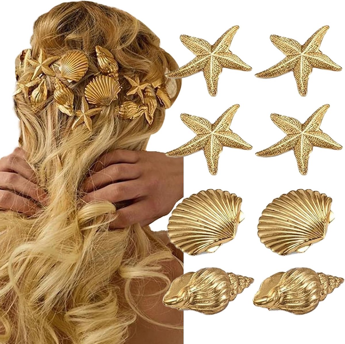 Haarspelden voor dames, 8 stuks, gouden zeester, slak, schelp, haarklemmen, antislip haarspelden van metaal, hoofdsieraad-clips, kleine krokodillenklemmen, haaraccessoires voor strandfeest