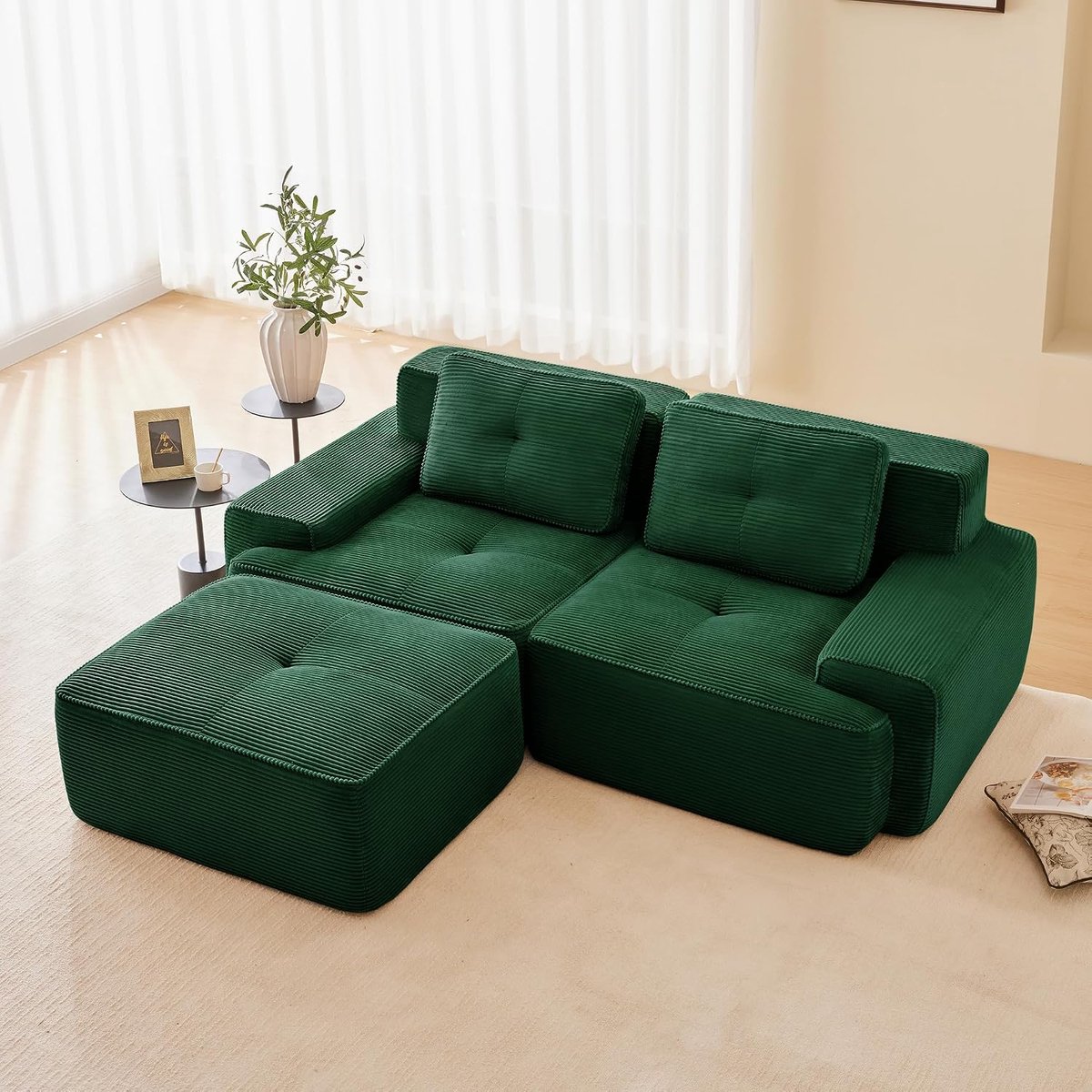 Corduroy sofa 2-zits - bank met chaise longue vrij combineerbare bank zonder montage, moderne woonkamer bank groen 2-zits (groen, 2S+1)