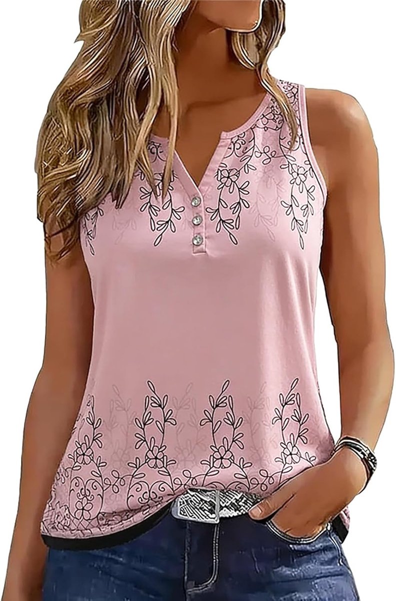 Tanktop voor dames, mouwloos, V-hals, zomer, tanktops, knoop aan de voorkant, losse tuniek, shirt, vest, blouse