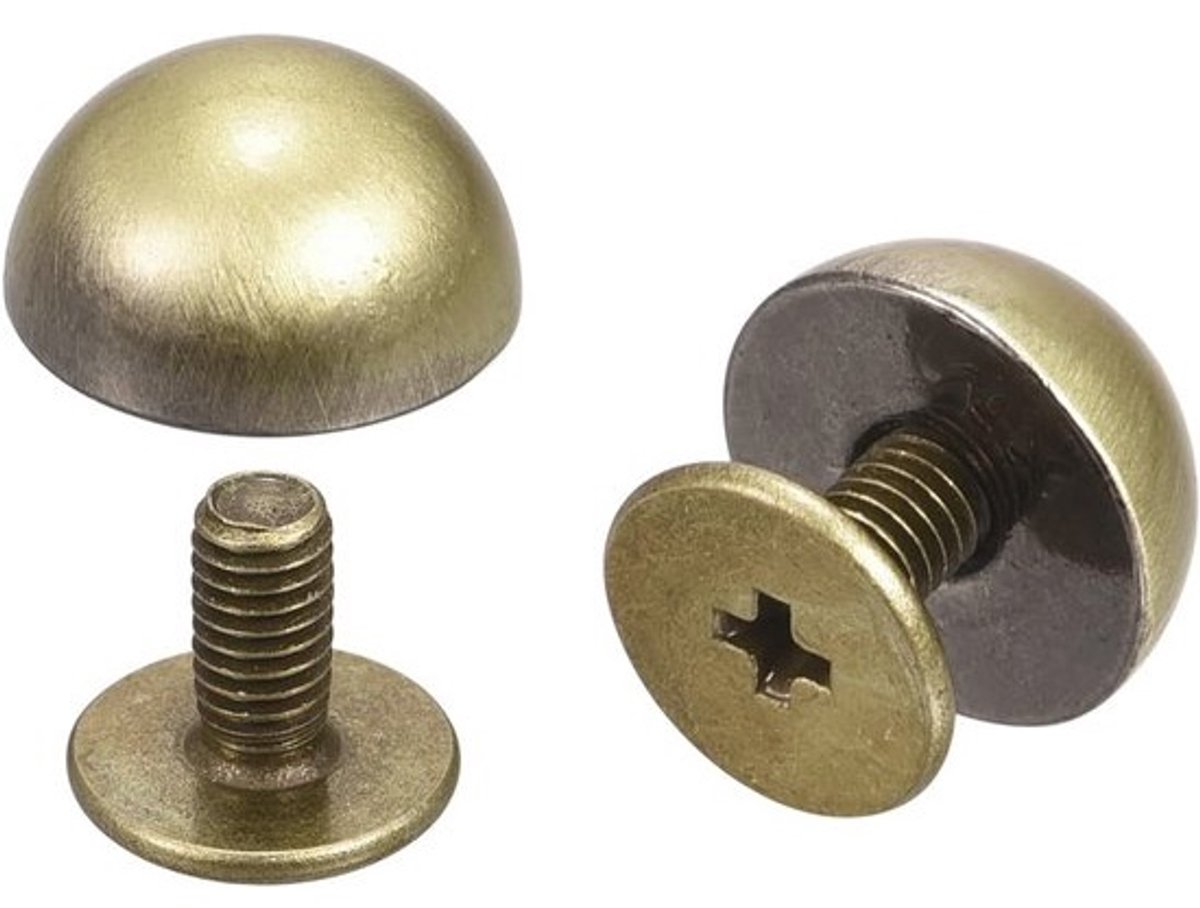 10 sets van 10 x 6 mm klinknagels met schroefsluiting - Solide ronde kop in brons voor leerbewerking