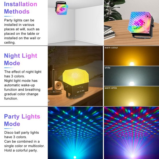 Disco feestverlichting, slaapkamer decor nachtlampje projector met 3 kleuren warm wit licht+RGB Disco Ball Effect Dj Strobe Lights voor Home Feesten Dans Kerstmis Halloween Decor — afbeelding 3