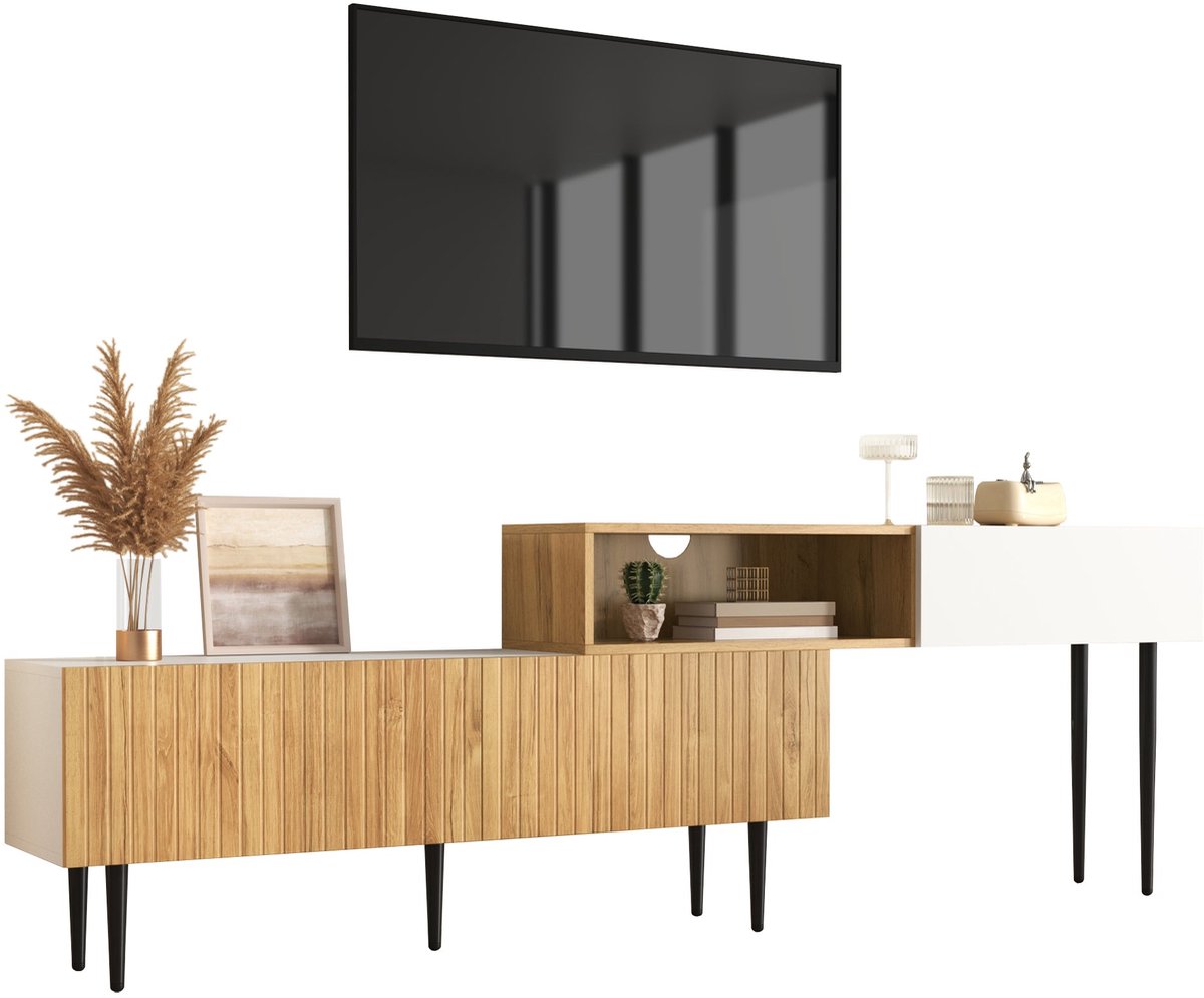 Merax Televisiemeubel - Verstelbare Breedte 130-220 cm - Tweedelig - Houtkleur en Mat Wit - Met Opbergruimte Bruin