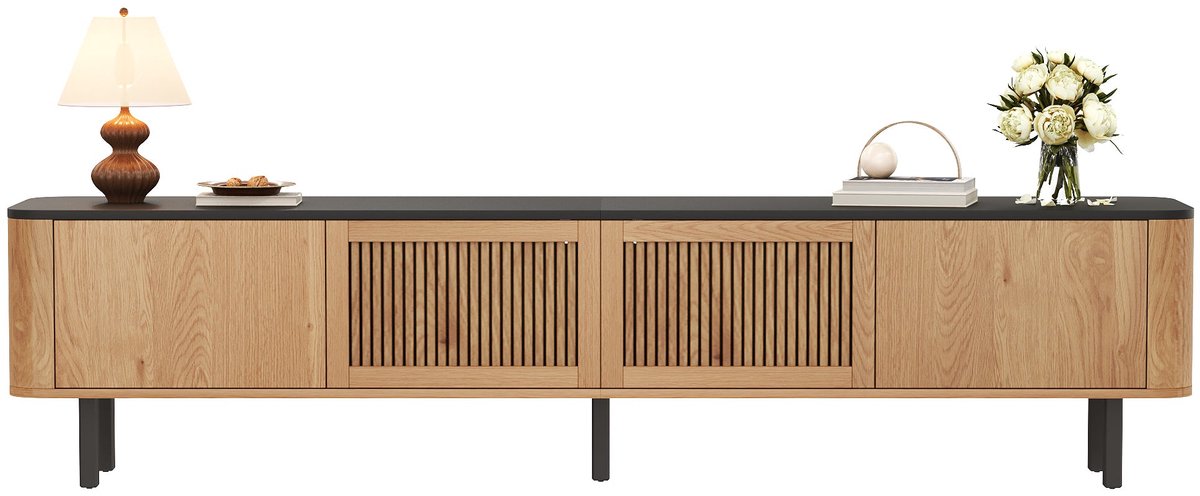 Merax Televisiekast - 190 x 35 x 45 cm - 4 Deuren - Lattenfront - Ruime Opbergruimte - Eikenhoutkleur met Zwart Bruin