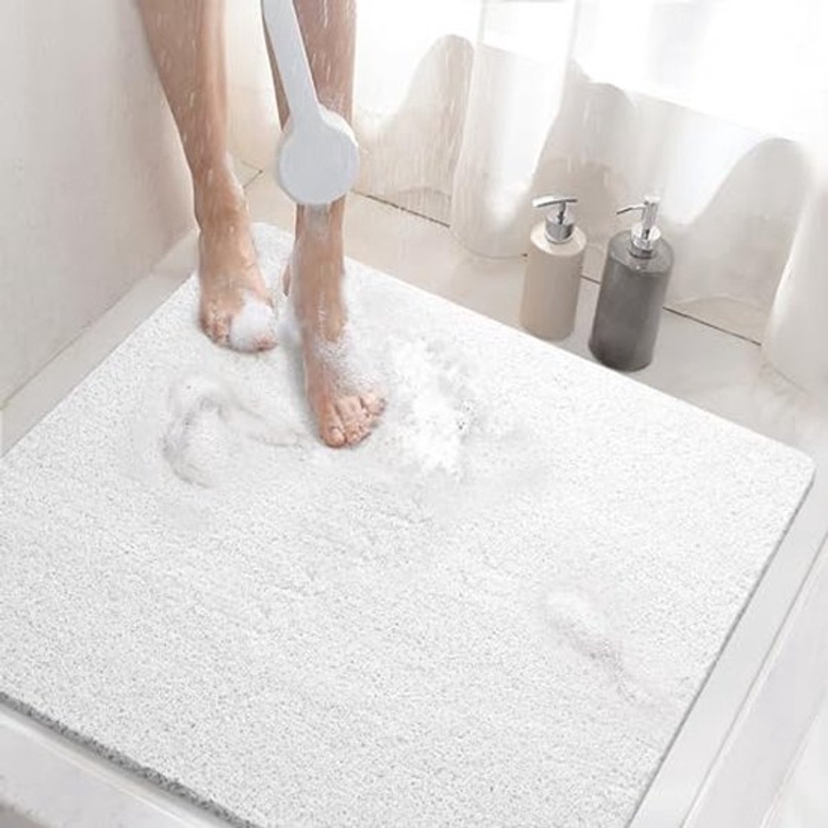 Antislip douchemat 60 x 60 cm - Zachte PVC luffa badmat voor badkamer met afvoer, sneldrogend en comfortabel
