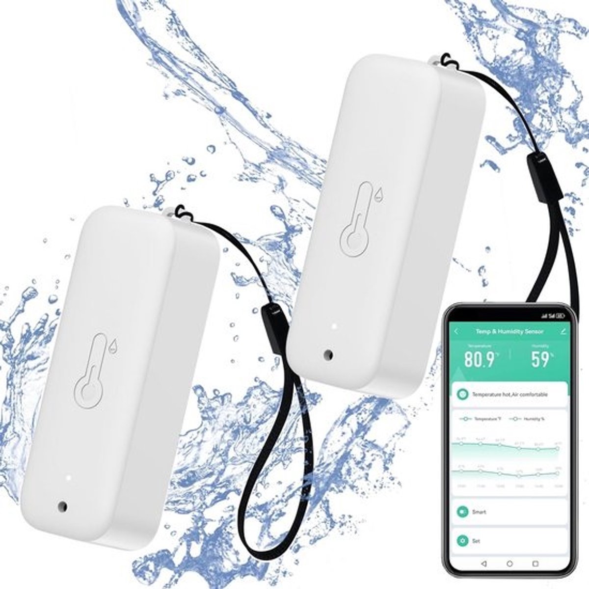 Slanke hygrometer en thermometer met app-alarm - Waterdichte vochtigheids- en temperatuursensor met zelfmagnetische wifi-functie voor binnen en buiten – Set van 2