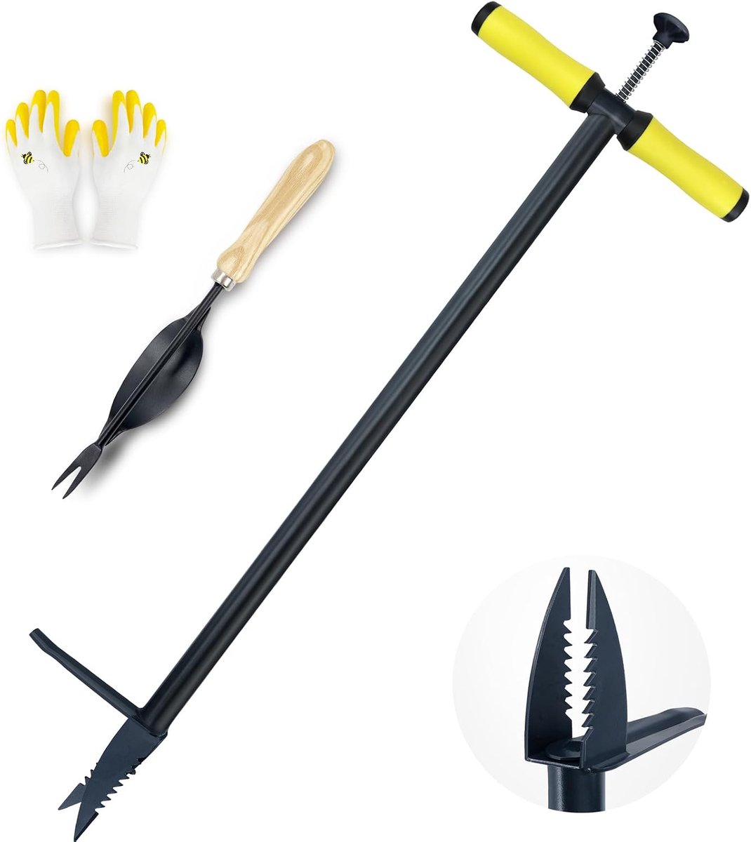 Tuin onkruidtrekker en wortelverwijderingshulpmiddel, staande onkruid met voetpedaal, stap en draai handmatige onkruid 102cm (Combo Pack - Stand Up Weeder & Hand Weeder & Garden Handschoenen)