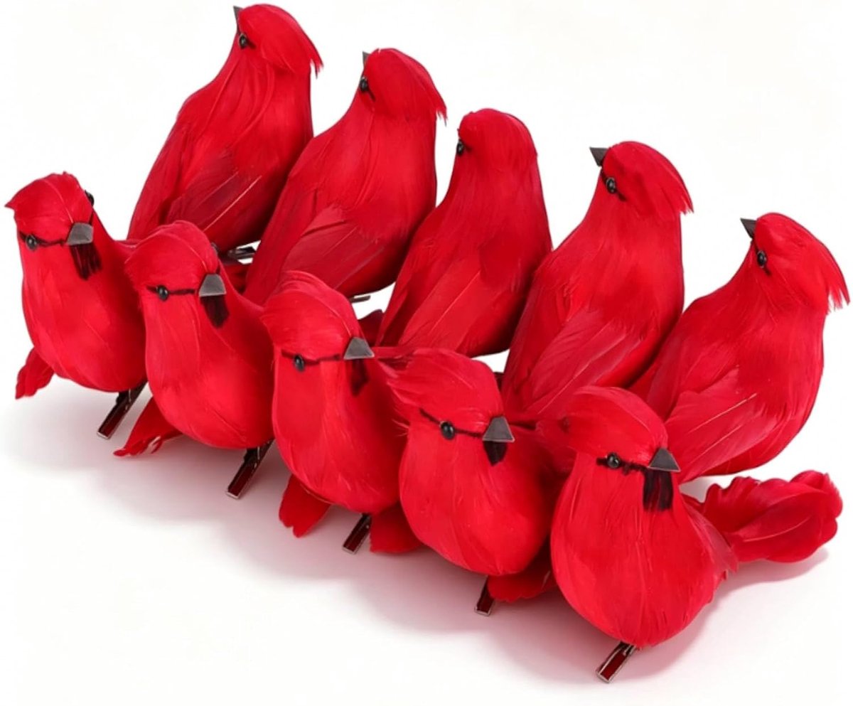 10 Stks Kunstmatige Vogels Kerst Ornamenten 13.5 cm/5.31 inch Kunstmatige Rode Vogels met Clips voor Tuin Kerstboom Ornament: