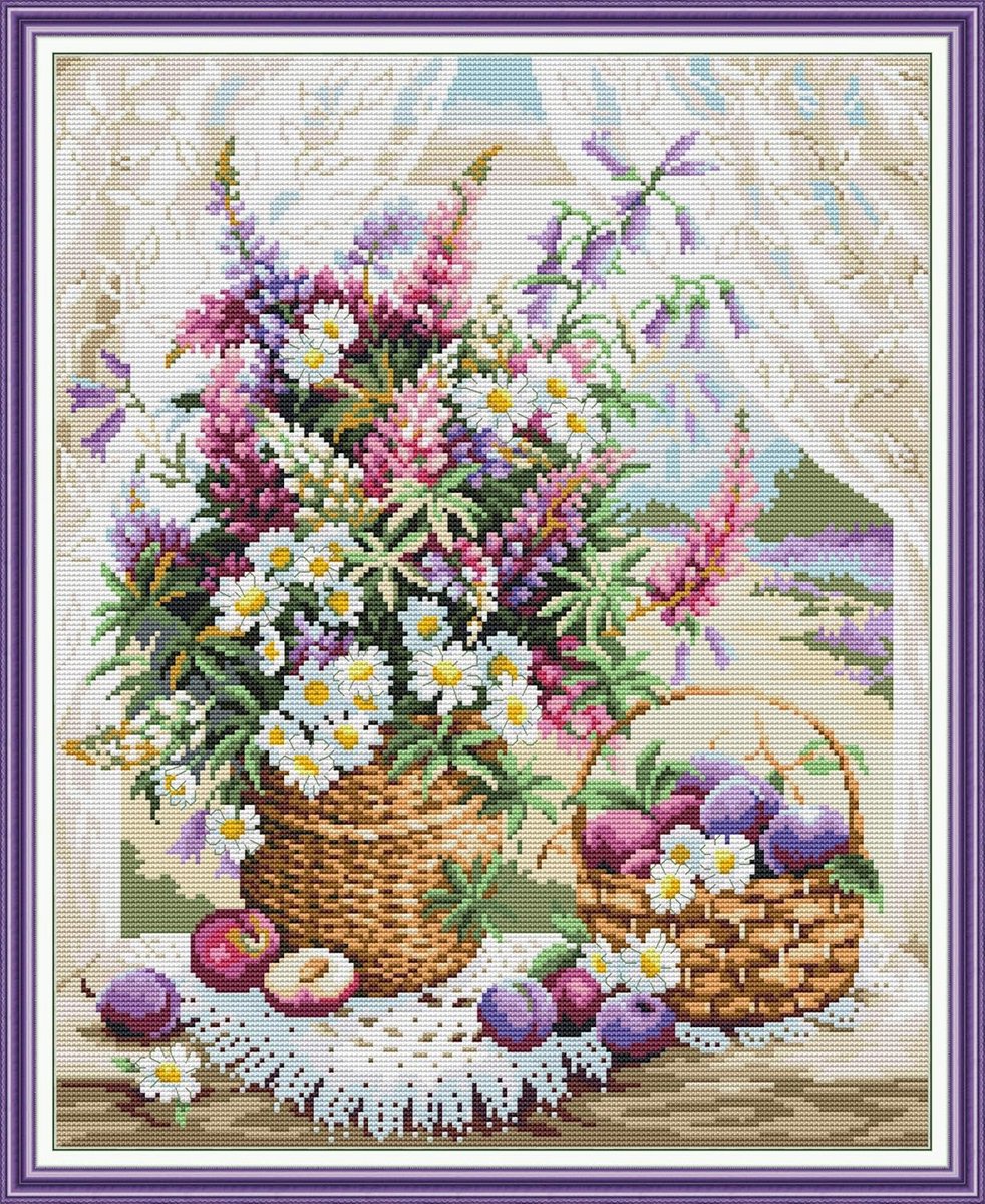 14CT voorbedrukt kruissteek borduurwerk, compleet assortiment startersets voor beginners, bloemenmand voor vensterbank, 40 x 48 cm