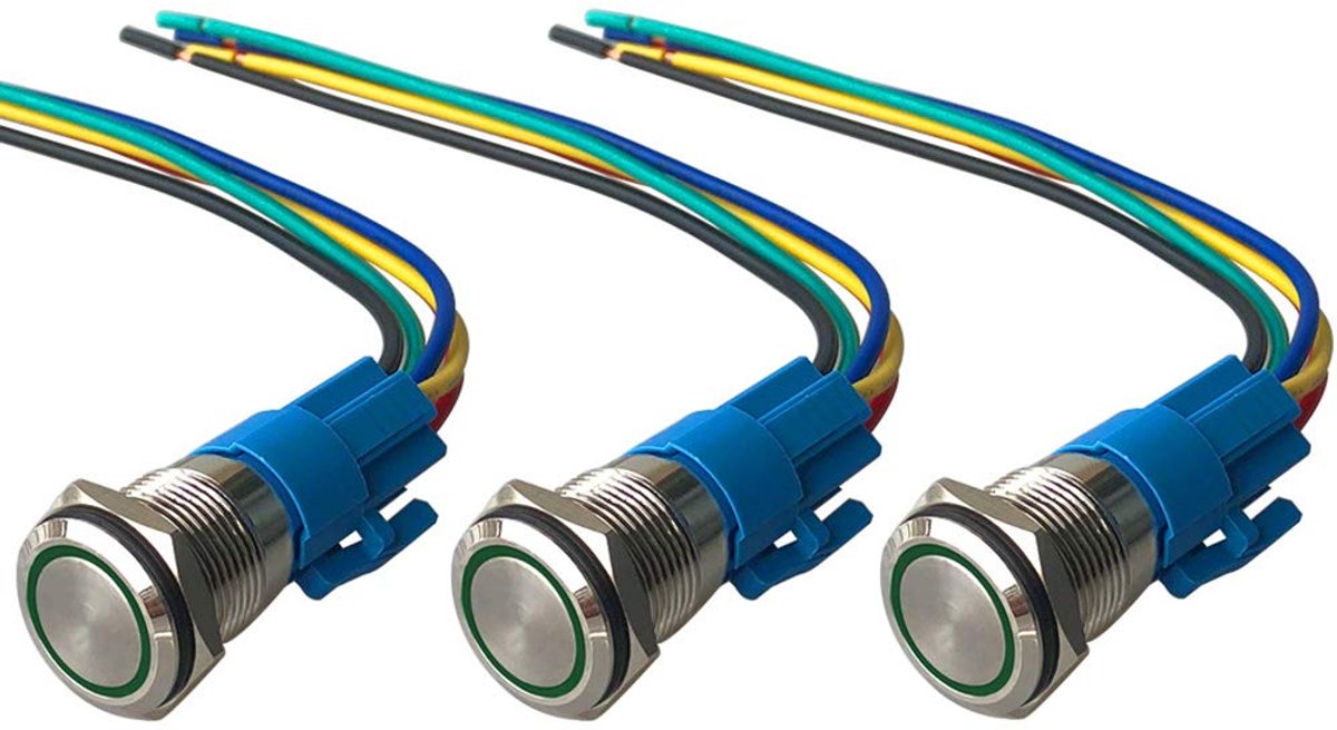 3 Stks Premium 19mm Momentary Drukknopschakelaar, 12V/24V 5A Auto Ontsteking Starter Schakelaar, Groene LED Licht IP67 Waterdichte Metalen Schakelaar met Socket Plug Draad