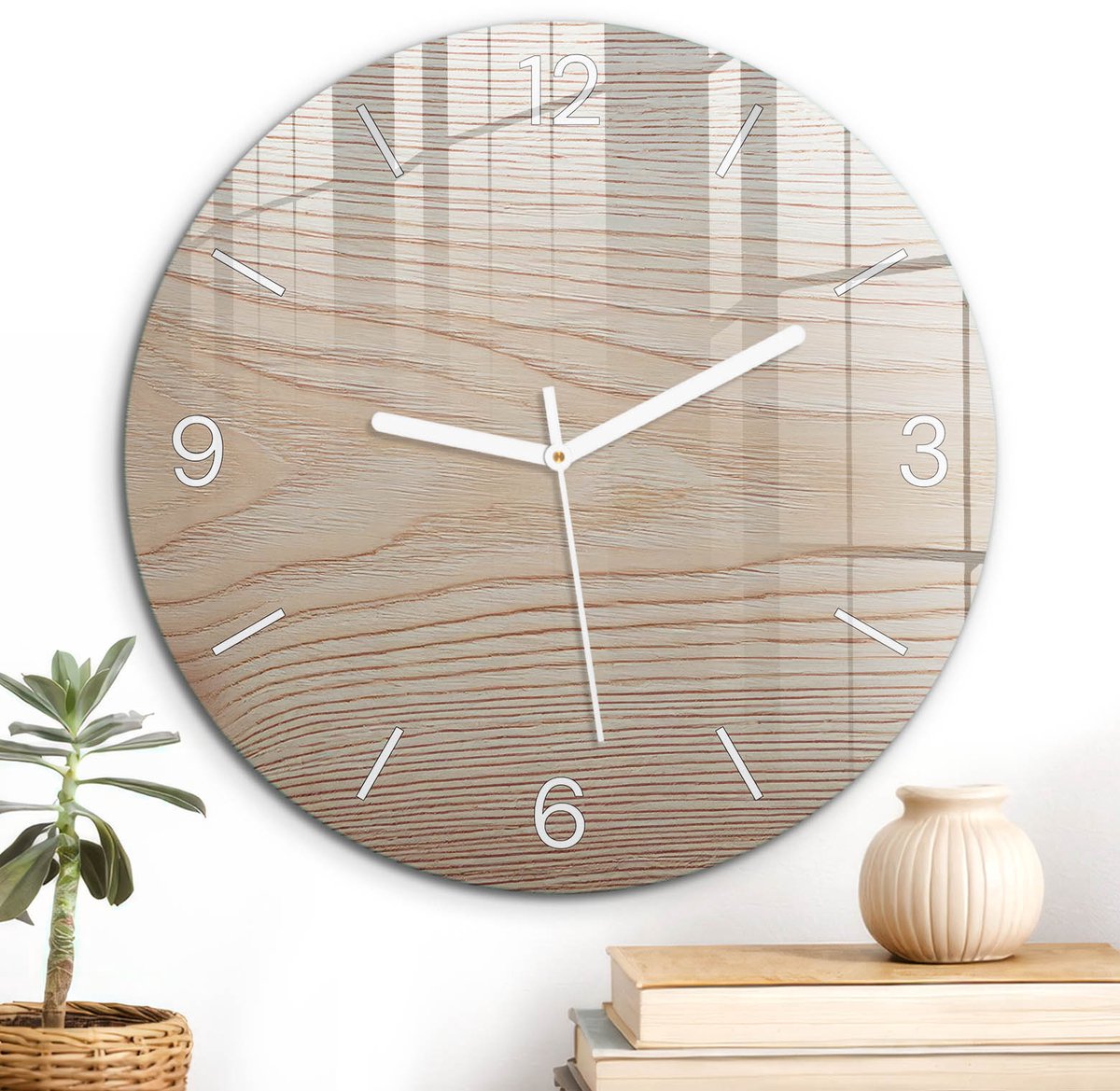 ArtPrintCave Beige Glazen Klok - Wandklok 30 cm - Muurklok Rond - Houten Patronen Wandklok Keuken - Natuur Unieke Klok - Witte Klokwijzers