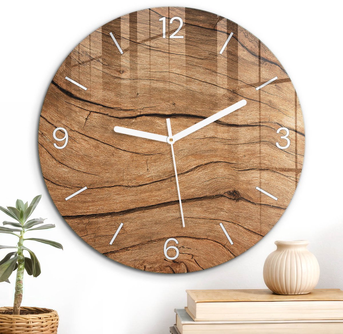 ArtPrintCave Bruin Glazen Klok - Wandklok 30 cm - Muurklok Rond - Houten Texturen Stille Wandklok - Natuur Wandklok Keuken - Witte Klokwijzers