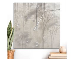 ArtPrintCave Grijs Glazen Klok - 60x60 cm - Wandklok Vierkant - Woody Subtiliteit Wandklok Keuken - Kunst Unieke Klok - Witte Klokwijzers