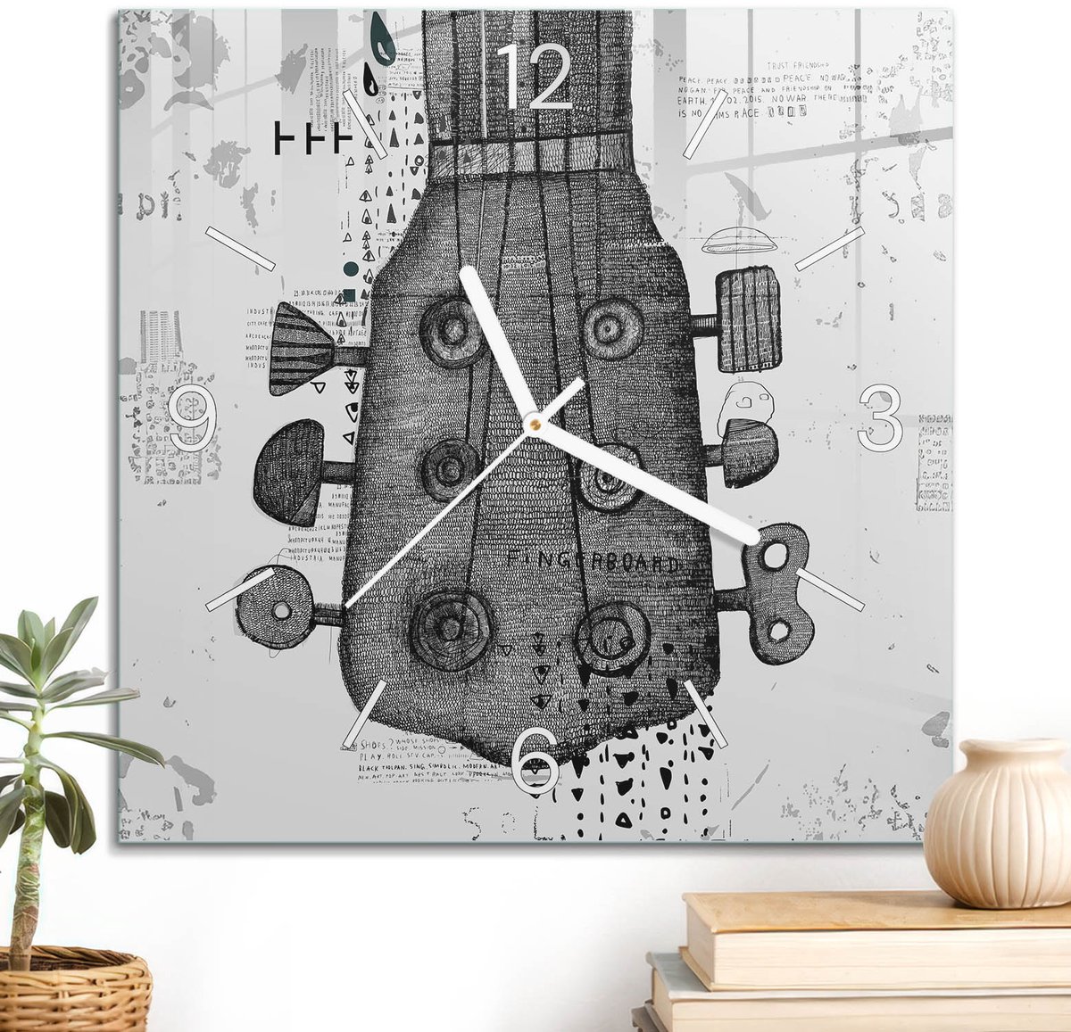 ArtPrintCave Zwart-wit Glazen Klok - 30x30 cm - Wandklok Vierkant - Muzikale Illustratie Unieke Klok - Muziek Stille Wandklok - Witte Klokwijzers