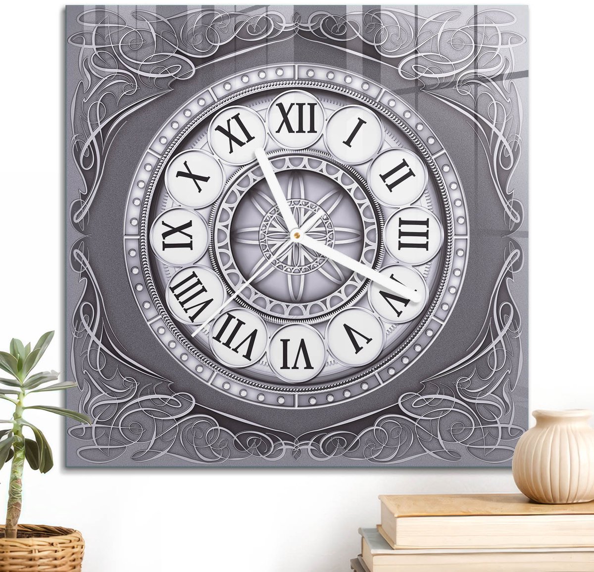 ArtPrintCave Grijs Glazen Klok - 30x30 cm - Wandklok Vierkant - Sierklok Wandklok Keuken - Geometrie Unieke Klok - Witte Klokwijzers