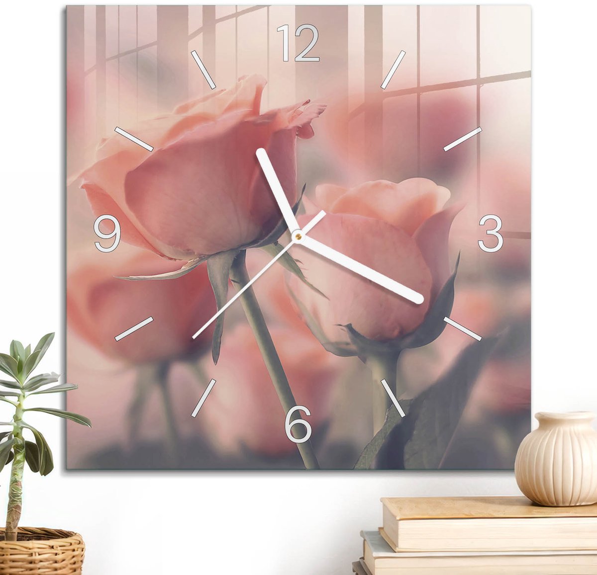 ArtPrintCave Roze Glazen Klok - 30x30 cm - Wandklok Vierkant - Roze Rozen Wandklok Keuken - Kunst Unieke Klok - Witte Klokwijzers