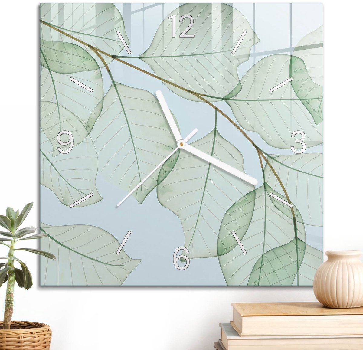 ArtPrintCave Groene Glazen Klok - 30x30 cm - Wandklok Vierkant - Groene Bladeren Stille Wandklok - Bloemen En Planten Wandklok Keuken - Witte Klokwijzers