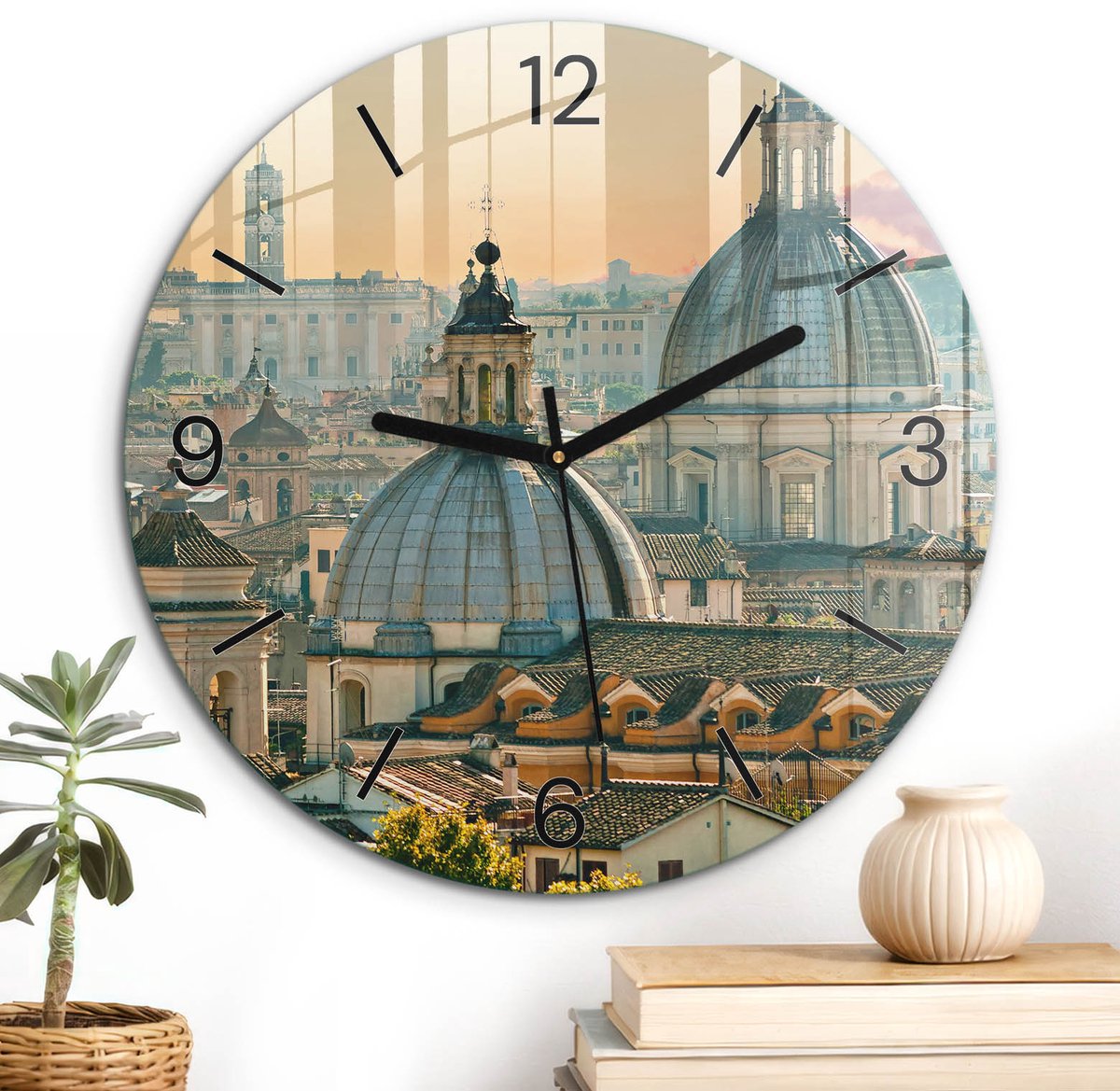 ArtPrintCave Beige Glazen Klok - Wandklok 30 cm - Muurklok Rond - Historische Architectuur Stille Wandklok - Steden Wandklok Keuken - Zwarte Klokwijzers